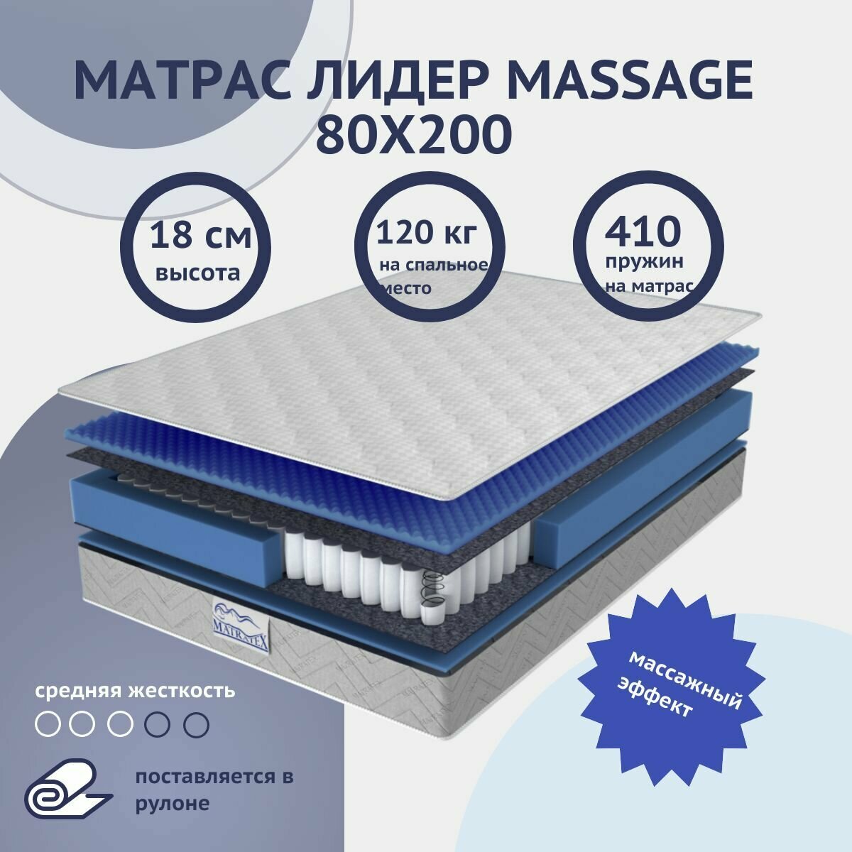 Матрас 80х200 лидер MASSAGE 80х200 независимые пружины, ортопедический, односпальный, с массажным эффектом