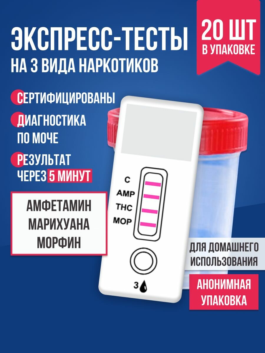 Набор тестов на наркотики "Будьте уверены", для мочи, 3 вида, 20шт фото