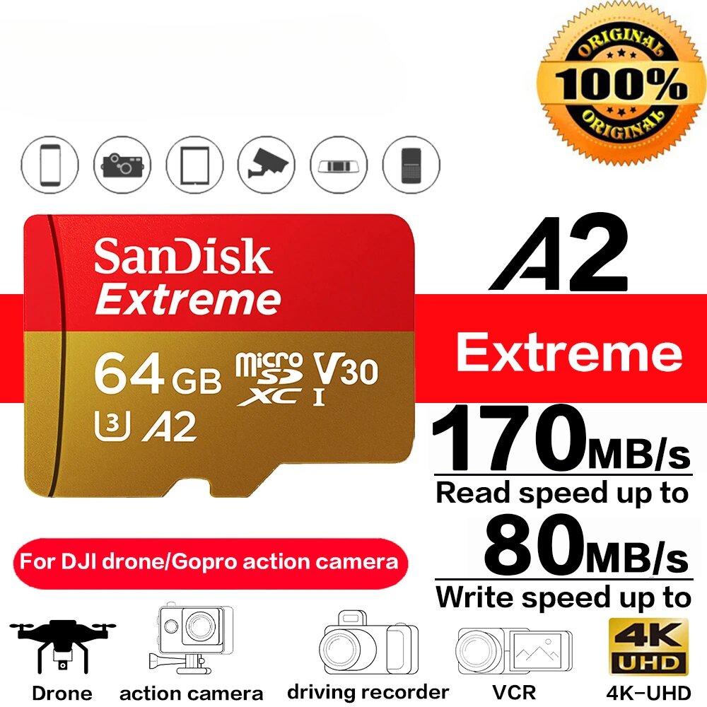 Оригинальная карта памяти micro SDXC A2 U3 UHS-I V30 USB3.0 Extreme 4K Video Flash micro SD Card для камеры GoPro DJI Nintendo, 64GB