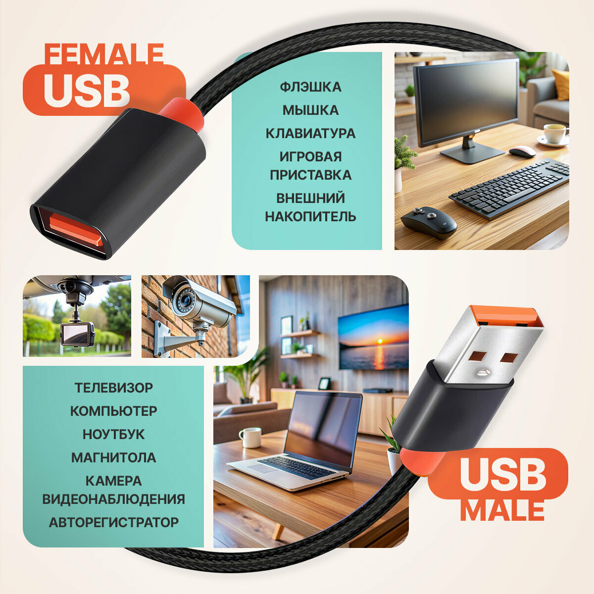 Кабель - удлинитель USB OTG для быстрой зарядки телефона и передачи данных — фото 1