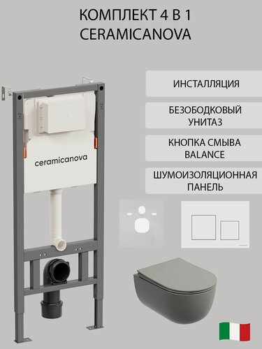 Изображение товара Комплект 4 в 1 Ceramicanova инсталляция с унитазом Modena, с квадратной кнопкой Balance белый глянец