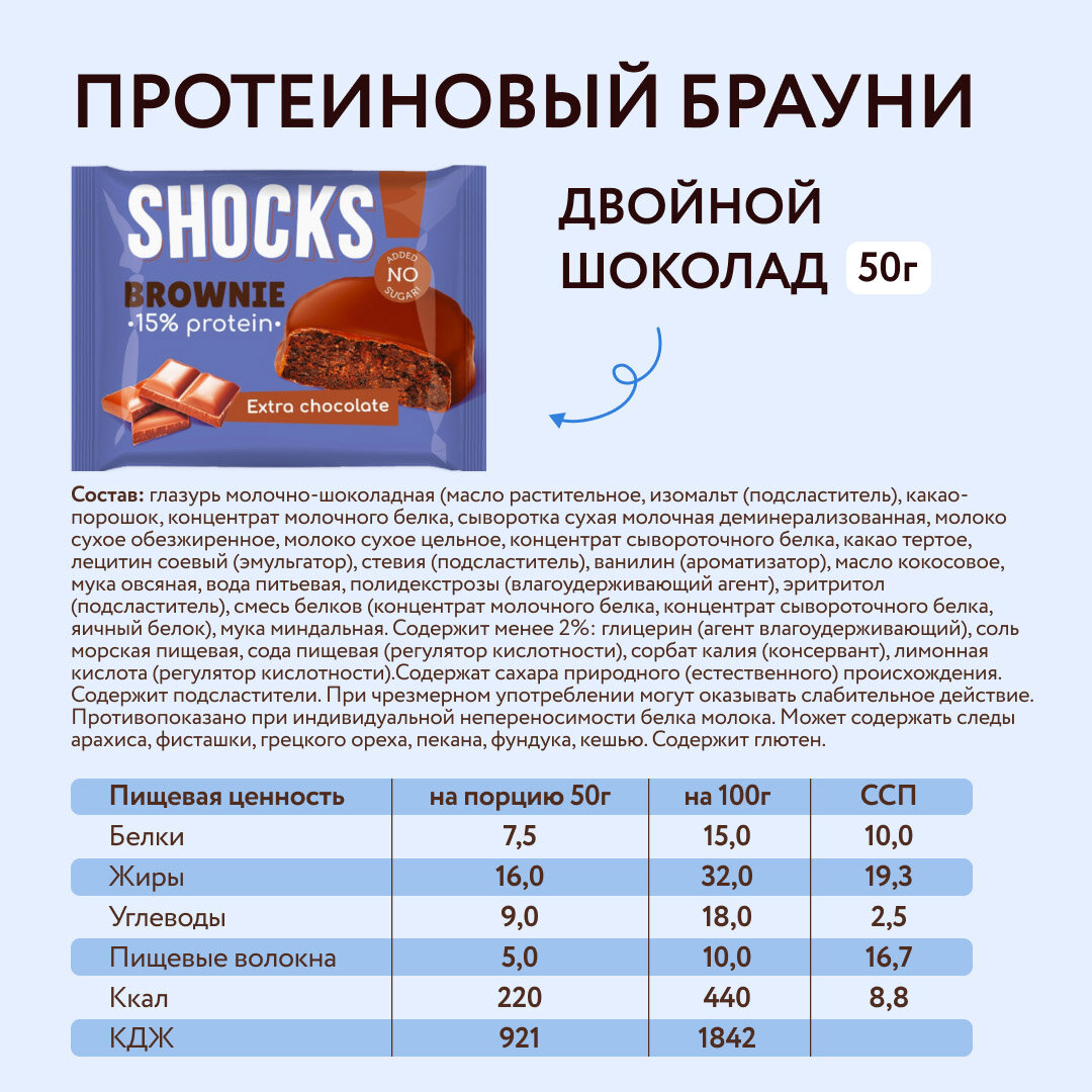 Протеиновое печенье без сахара ассорти Брауни «SHOCKS!» "CHOCO" два вкуса (двойной шоколад, кофе макиато) 50гр 9шт — фото 1
