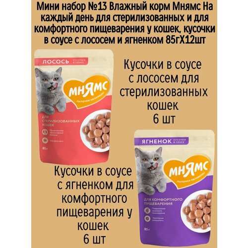 Мини набор №13 Влажный корм Мнямс для стерилизованных кошек, кусочки в соусе с лососем и ягненком, 12 шт х 85 гр