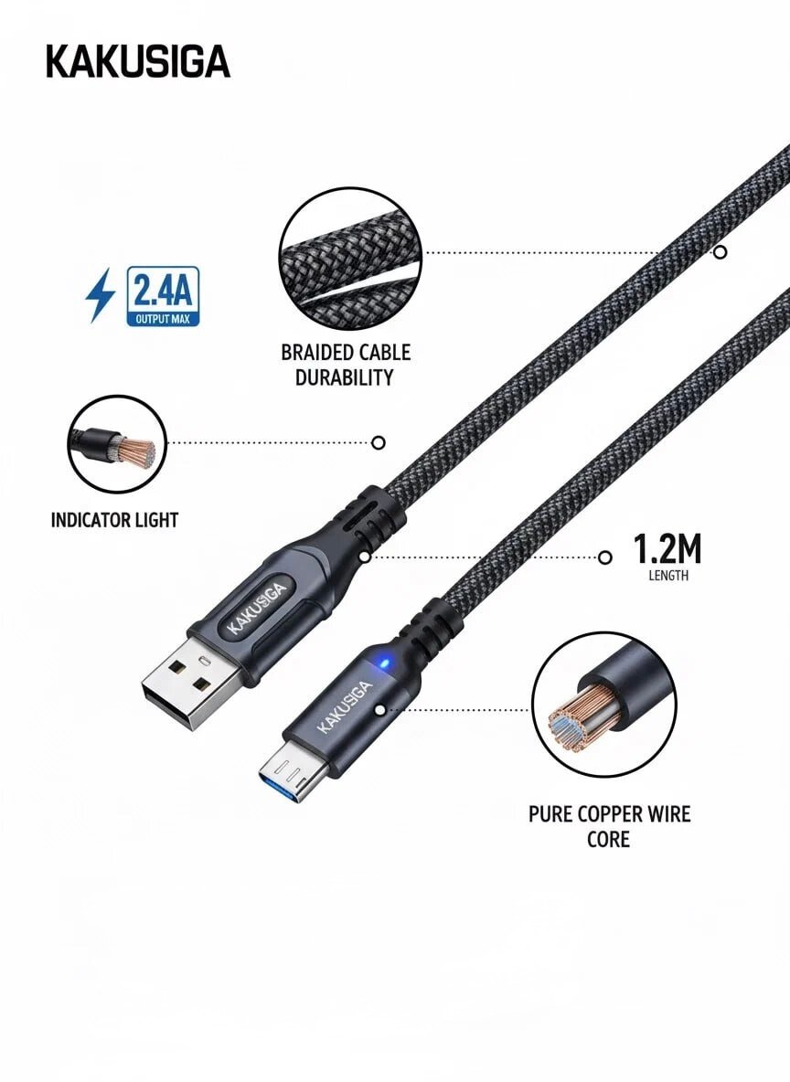 Кабель KAKUSIGA "Indicator", для USB-micro, быстрозажимной, 2.4A, черный, 1 м — фото 1