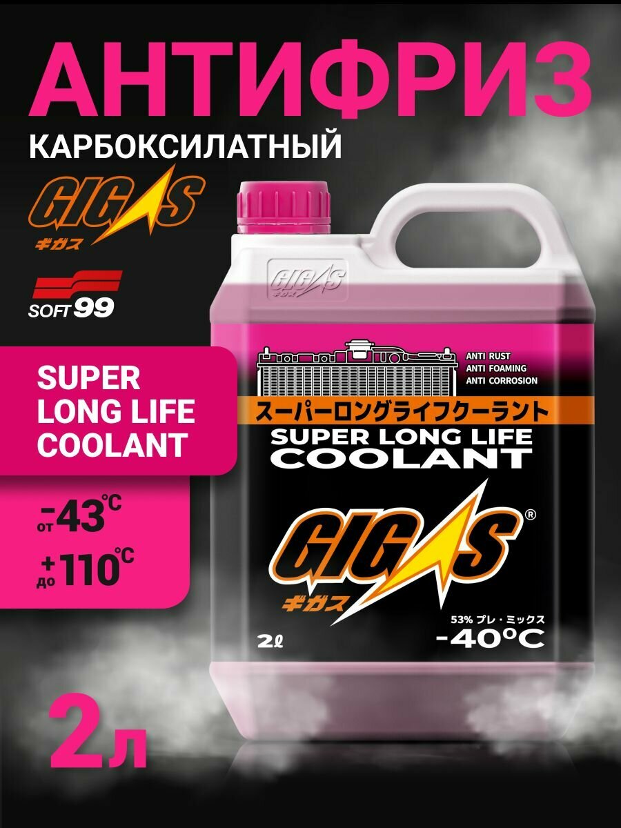 Розовый антифриз до -40 2 литра SLLC G12++ JIS K 2234 Gigas Soft99 карбоксилатная охлаждающая жидкость для автомобиля Япония