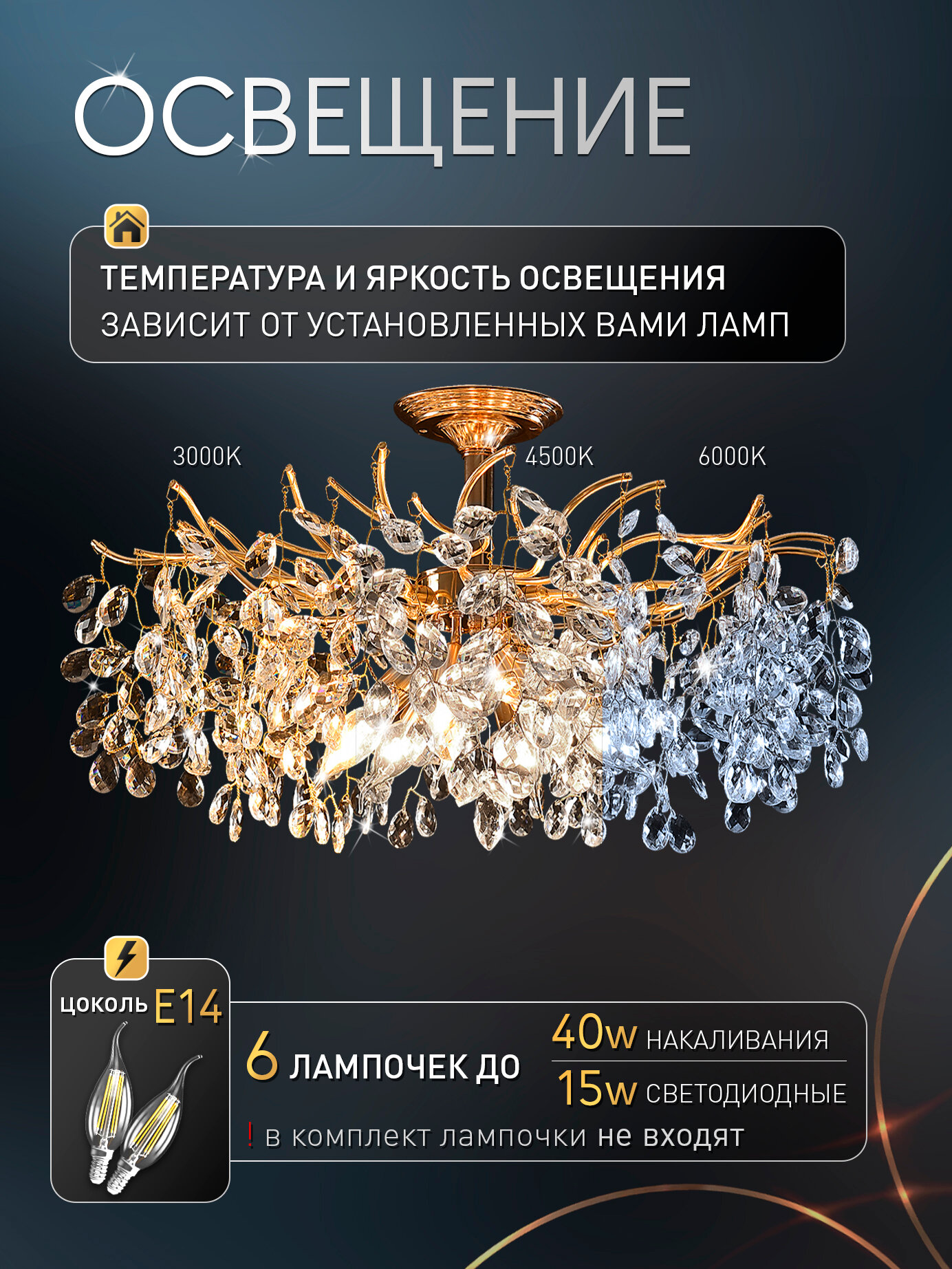 Люстра VAVILON IV 6 x E14, 40W, GOLD — фото 1