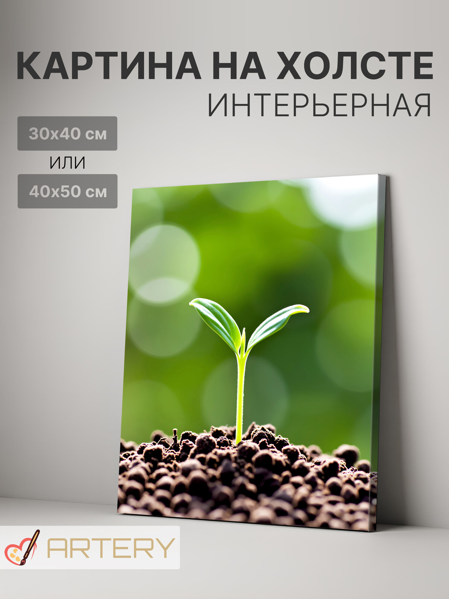 Картина интерьерная на стену ARTERY "Росток в живой почве", печать на холсте, постер на подрамнике, 30х40 см