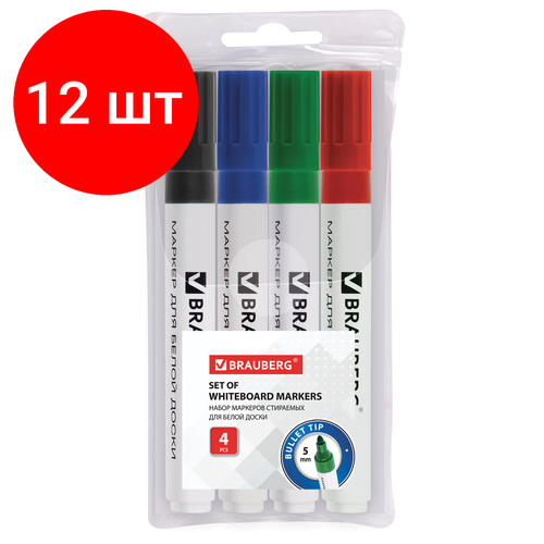 Комплект 12 шт, Маркеры стираемые для белой доски набор 4 цвета, BRAUBERG, 5 мм, 150417 4 шт белые стираемые маркеры для доски