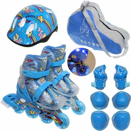 фото Коньки роликовые раздвижные happy star 668at в наборе: шлем, защита, размер s (29-33), синий без бренда