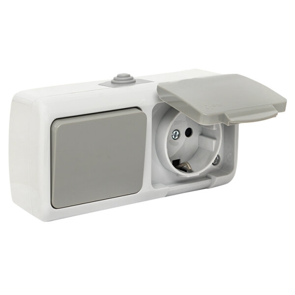 EKF PROxima Мурманск Блок розетка 1-м 16А с заземлением с крышкой+ 1-кл выключатель IP54 серый