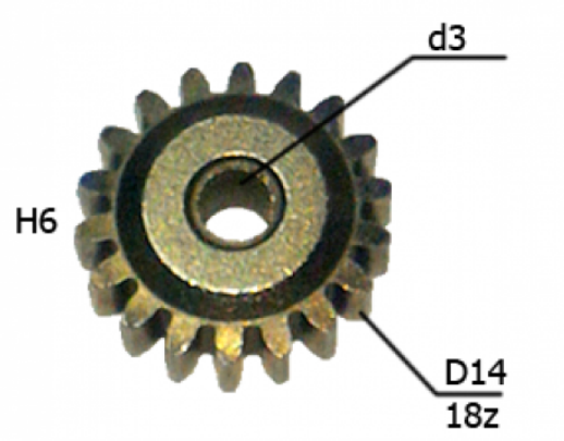 Шестерня двигателя шуруповерта (18) внутр. d 3мм, внеш. d 14мм, высота 6мм, 18 зубов