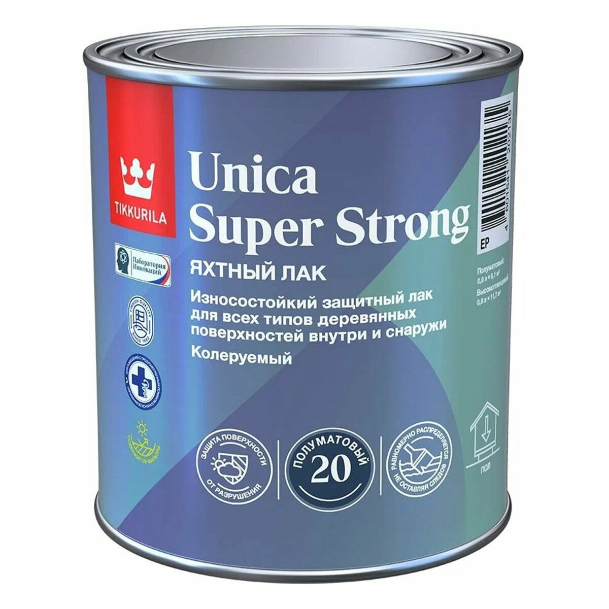Лак уретано-алкидный Tikkurila Unica Super Strong 20, полуматовый, база EP, бесцветный, 2,7 л