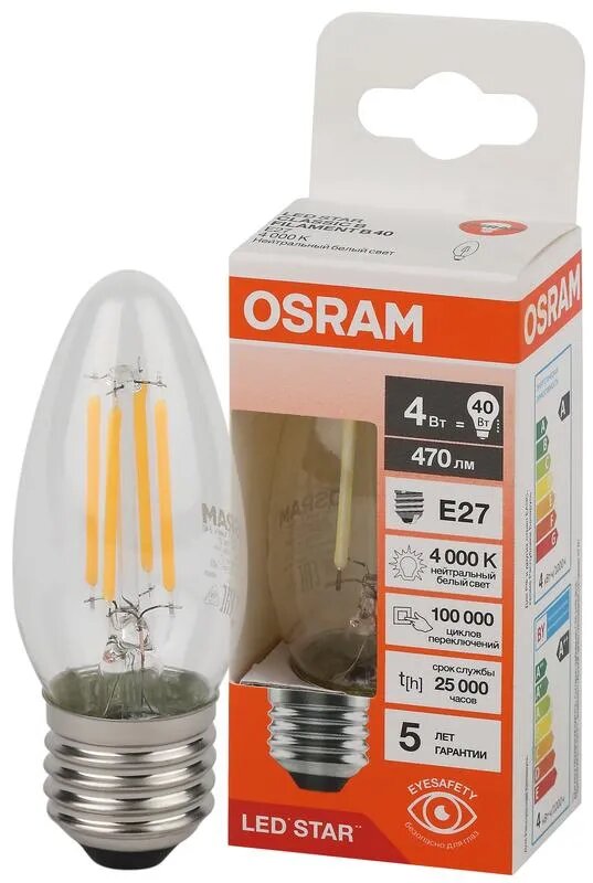 фото Лампочка светодиодная Osram филаментная стекло Свеча B E27 4Вт 220В 470Лм 4000К Дневной белый, уп. 1шт