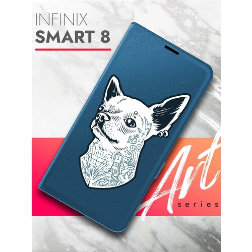 Чехол на Infinix Smart 8 (Инфиникс Смарт 8) синий книжка эко-кожа с функцией подставки и магнитами Book Case, Brozo (принт) Собака с тату чехол на infinix smart 8 инфиникс смарт 8 синий книжка эко кожа с функцией подставки и магнитами book case brozo принт россия флаг лента