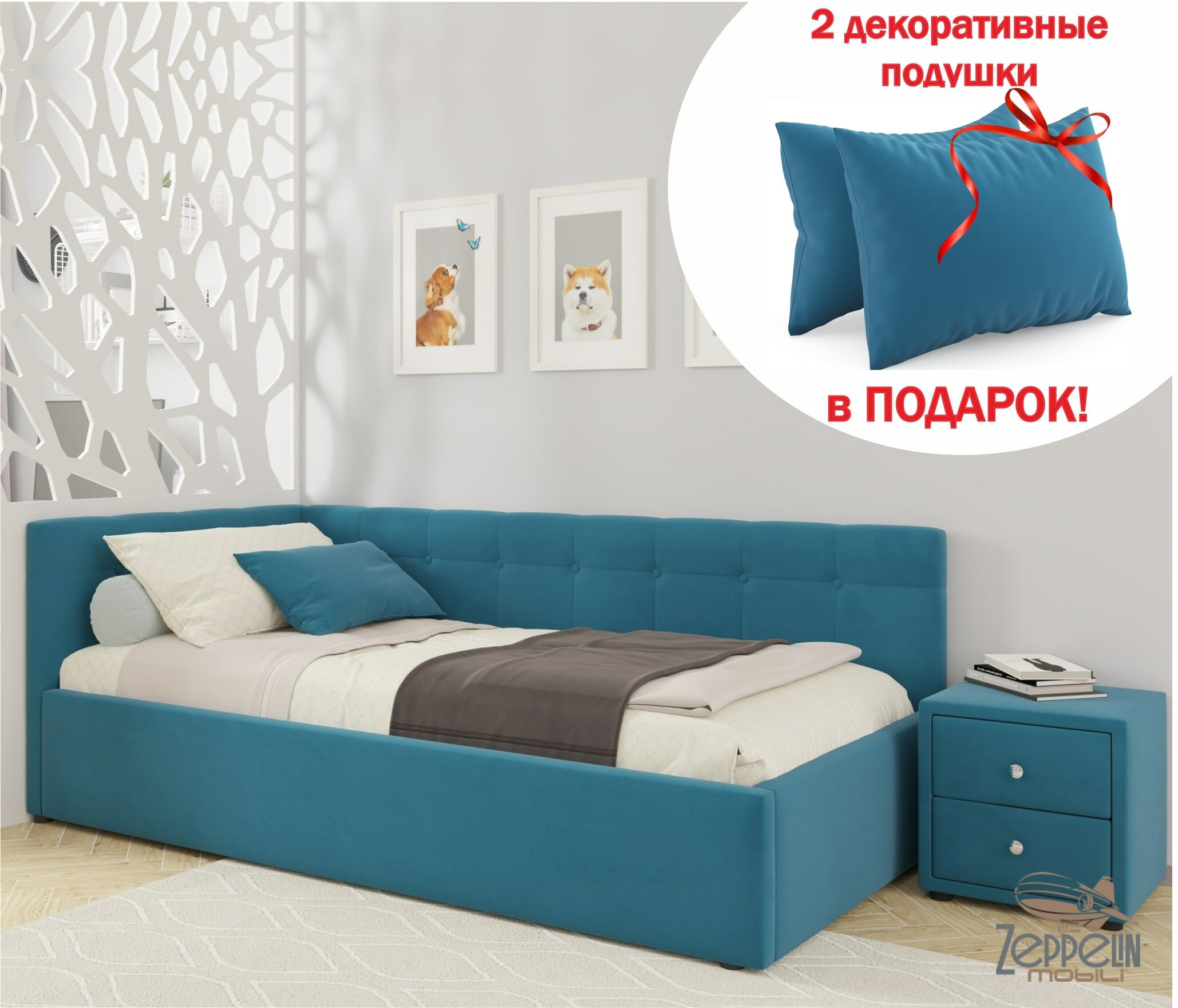 фото Односпальная кровать-тахта Bonna 900 темная угловая Zeppelin, с подъемным механизмом, 90х200, мягкая из велюра, с ящиком для хранения