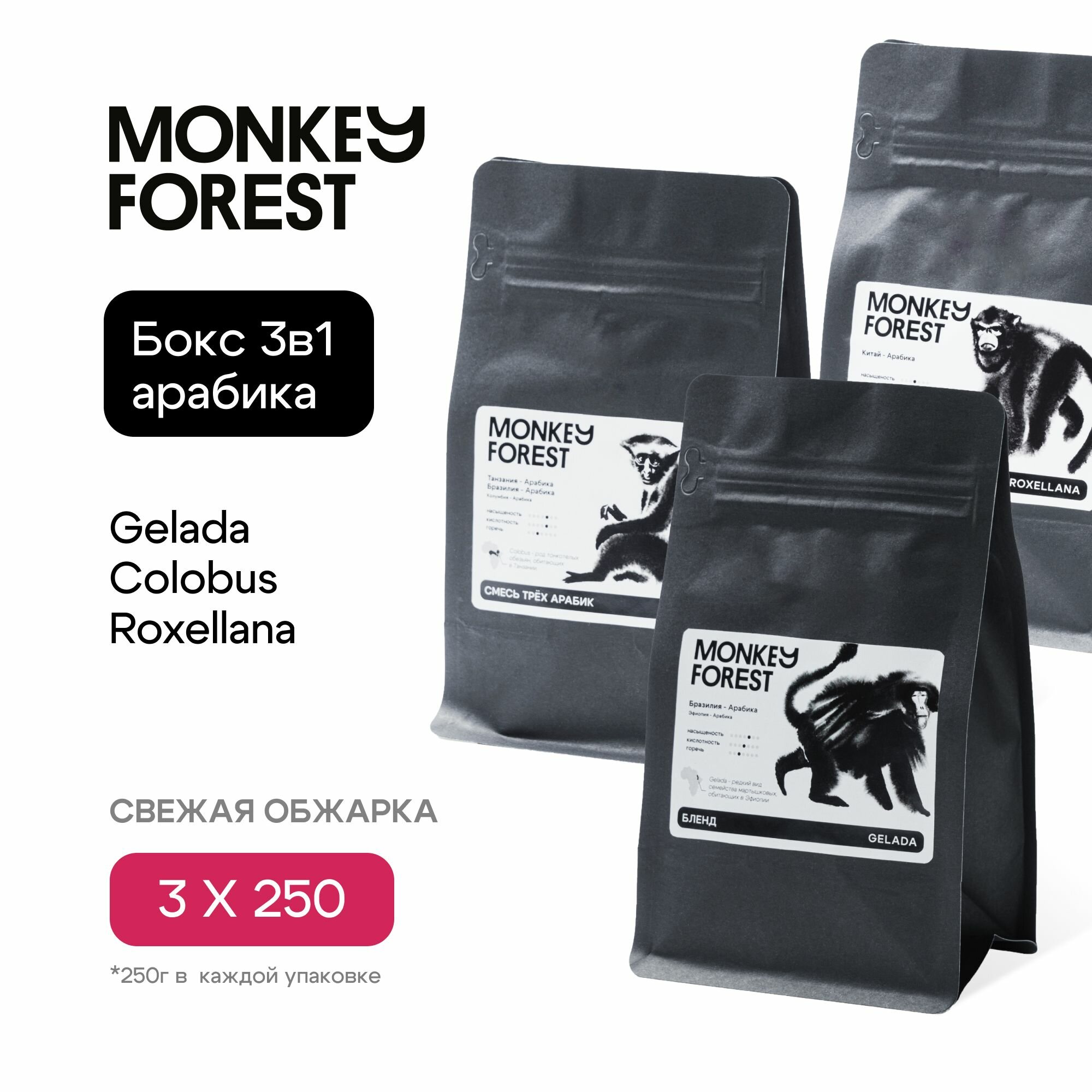 Кофе в зернах промобокс 3х250 гр Monkey Forest Арабика, Gelada, Colobus, Roxellana