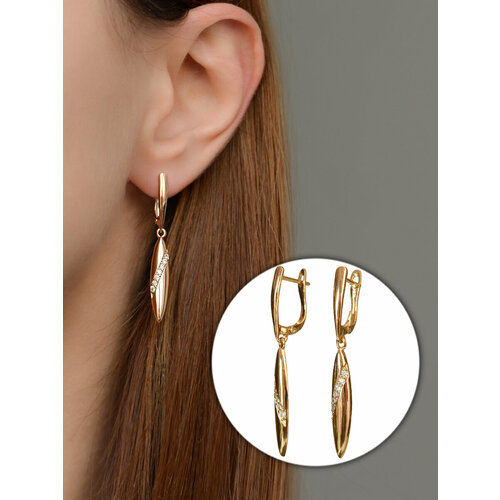 Комплект серег SLOVALIO Серьги лепесток, фианит, размер 37 мм, золотой