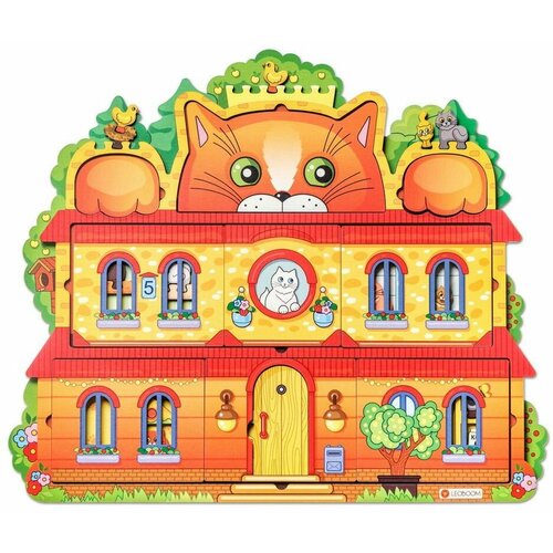 пазл для малышей кошкин домик Деревянная рамка-вкладыш Smile Decor Кошкин дом, развивающий пазл-головоломка для малышей, кукольный домик, сюжетный пазл