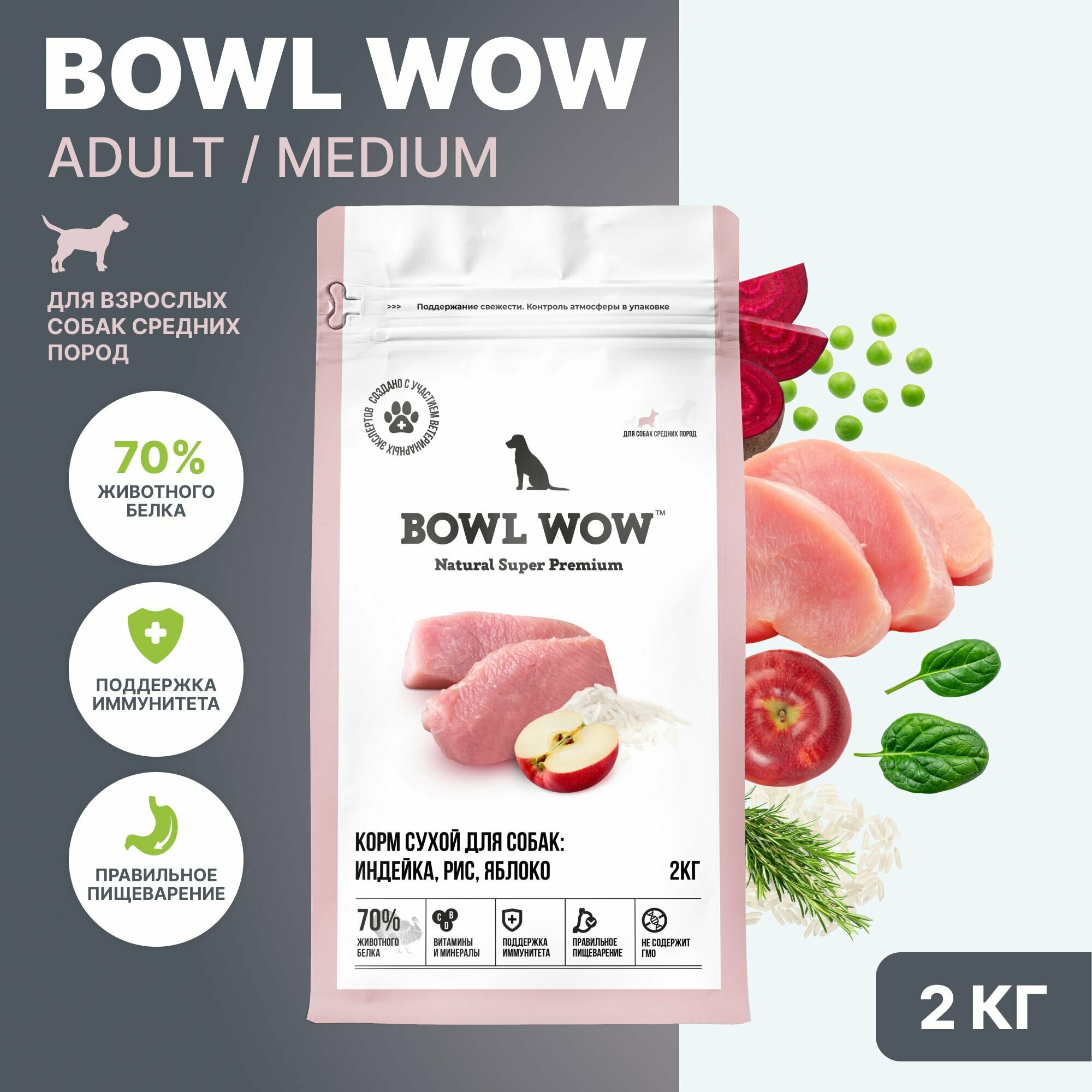 Корм для собак сухой BOWL WOW для собак средних пород с индейкой, рисом и яблоком, 2 кг