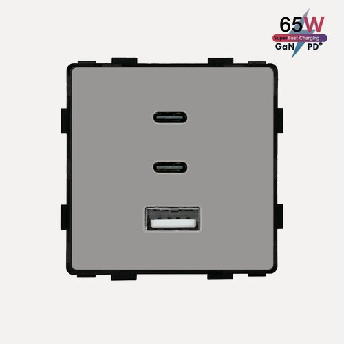 Изображение товара Механизм розетки (без рамки) 3Usb C+C+A, быстрая зарядка 65Вт, цвет серый