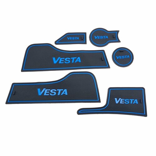 Коврики силиконовые в ниши автомобиля Lada Vesta с синим текстом