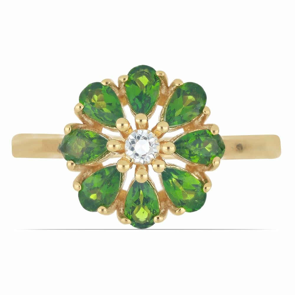 Кольцо тонкое, серебро, 925 проба, золочение, хромдиопсид, топаз