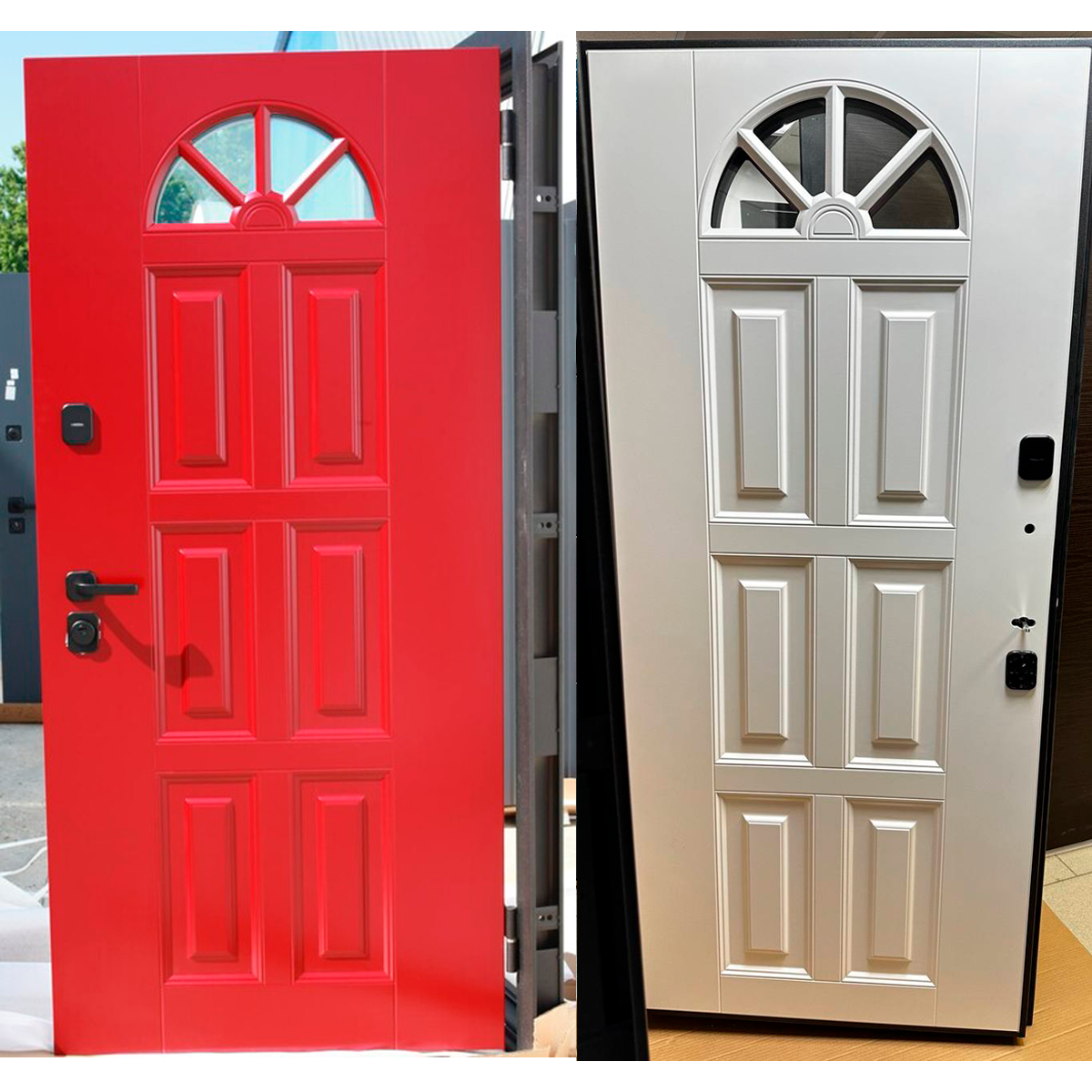 фото Красная входная дверь как в пинтерес для дома 96 левая со стеклом 9,5 см толщиной