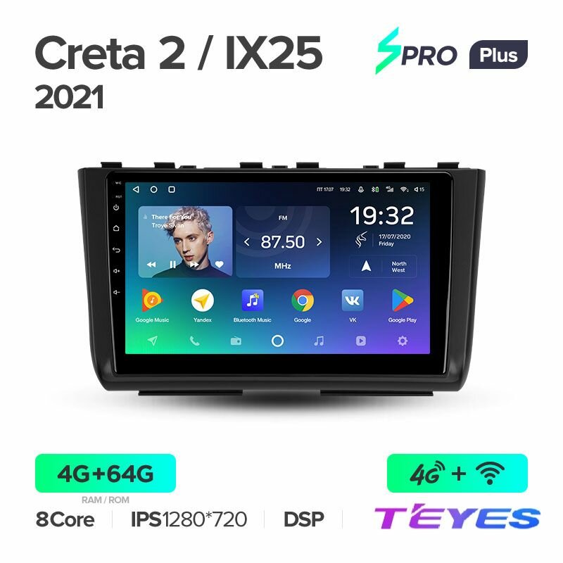 Магнитола Hyundai Creta 2 IX25 2021 Teyes SPRO+ 4/64GB, штатная магнитола, 8-ми ядерный процессор, IPS экран, DSP, 4G, Wi-Fi, 2 DIN