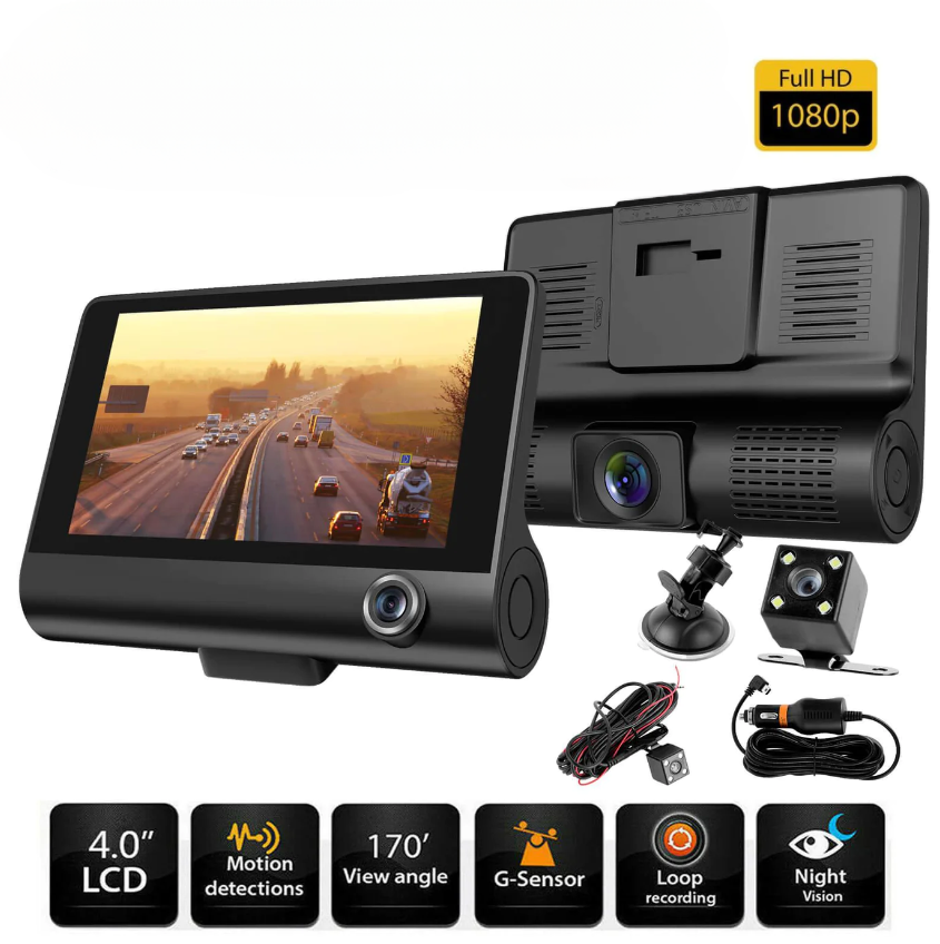 Автомобильный видеорегистратор с двумя объективами и камерой заднего вида для парковки / разрешение Full HD 1080P / Датчик удара G-Sensor / 3 камеры