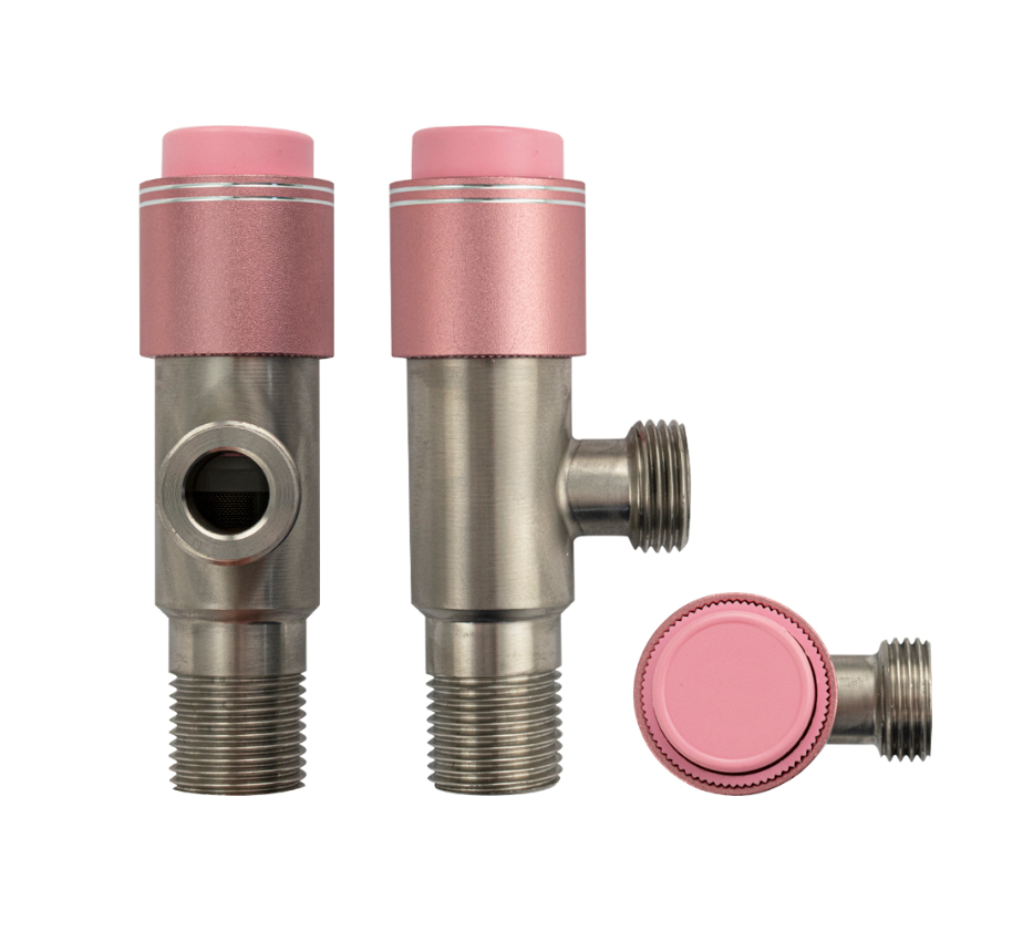 фото Кран угловой с фильтром, 1/2"х1/2", матовый, с кнопочным включением розовая ручка, с отражателем, из нержавеющей стали марки 304