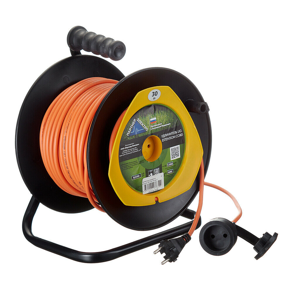 Удлинитель Партнер Электро без заземления 30 м на катушке 1,3 кВт 1 розетка ПВС 2х0,75 кв. мм IP44 Партнер Электро UG101A-130BL