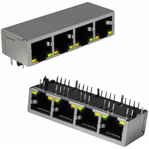 TJ9-10P8-04 LED, Блок сетевых розеток RJ 10P8C FTP c LED индекацией, 4 гнезда