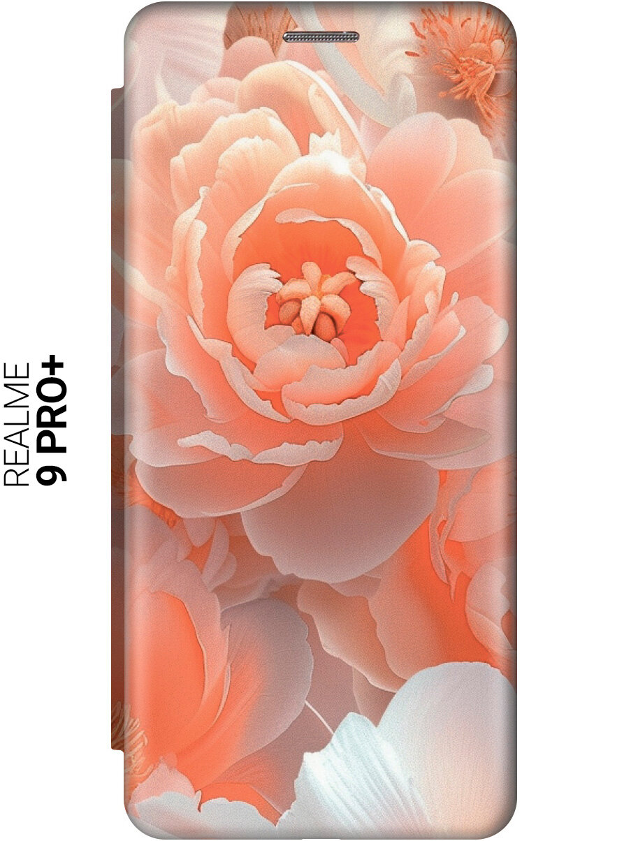 Чехол-книжка на Realme 9 Pro+ с принтом "Персиковые пионы" золотой