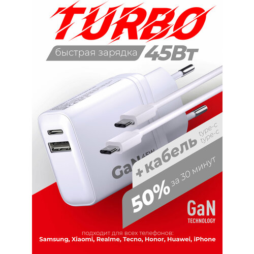 Сетевое зарядное устройство Power Delivery QC 45W с кабелем Type C - Type C 65W PD 1 метр быстрая зарядка GAN белая Miuko 1290₽