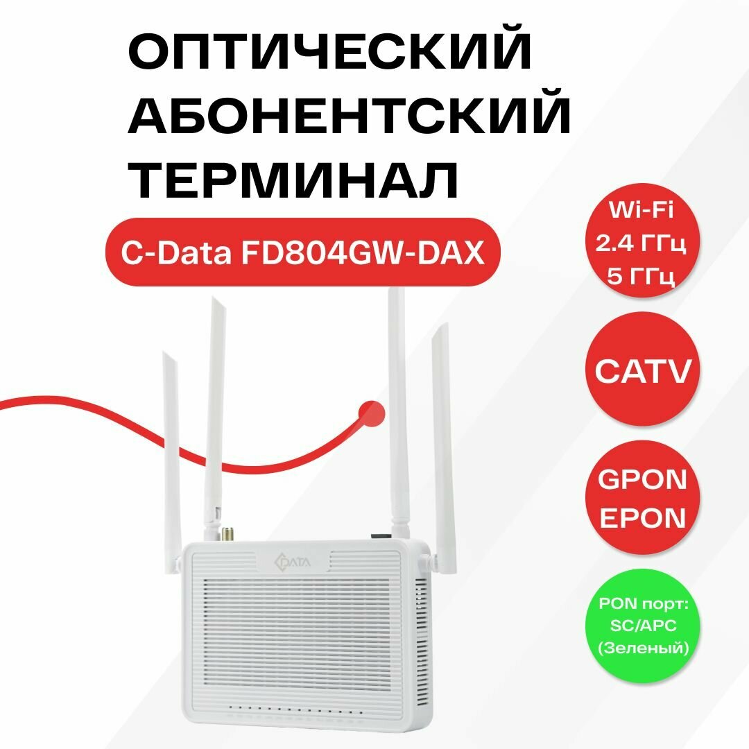 Оптический абонентский терминал C-Data xPON ONT FD804GW-DAX (Порт: SC/APC (зеленый)), CATV, Wi-Fi (2,4 ГГц/5G)