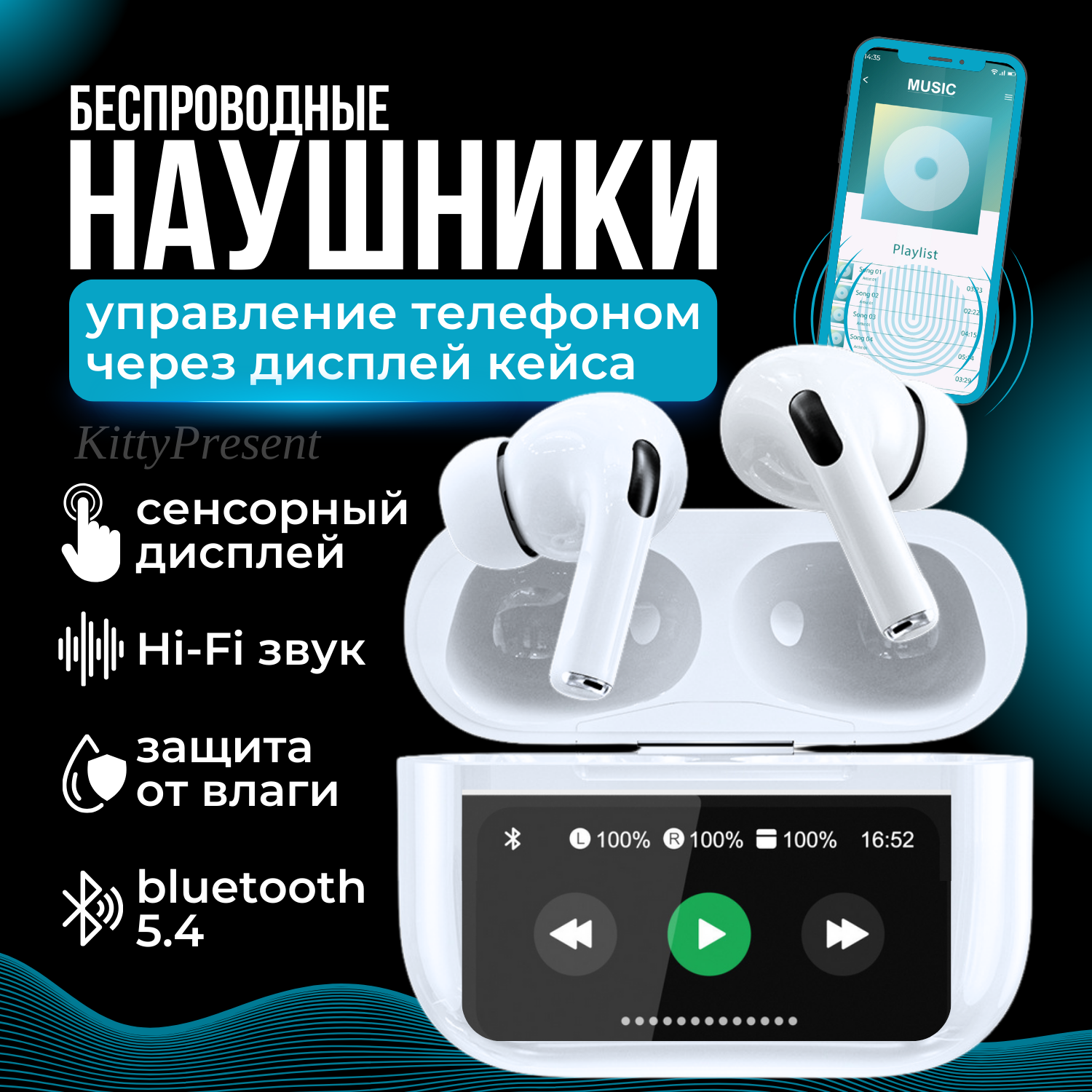 Наушники беспроводные с микрофоном, сенсорный экран, A8pro белые