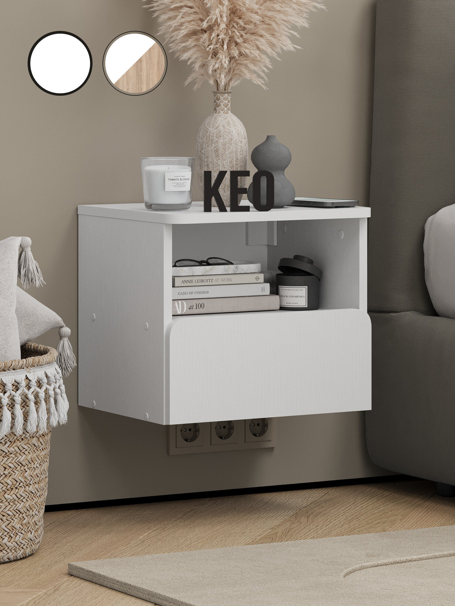 фото Тумба прикроватная навесная Кео ТКР-015 белая с полками выдвижным ящиком для спальни прихожей детской