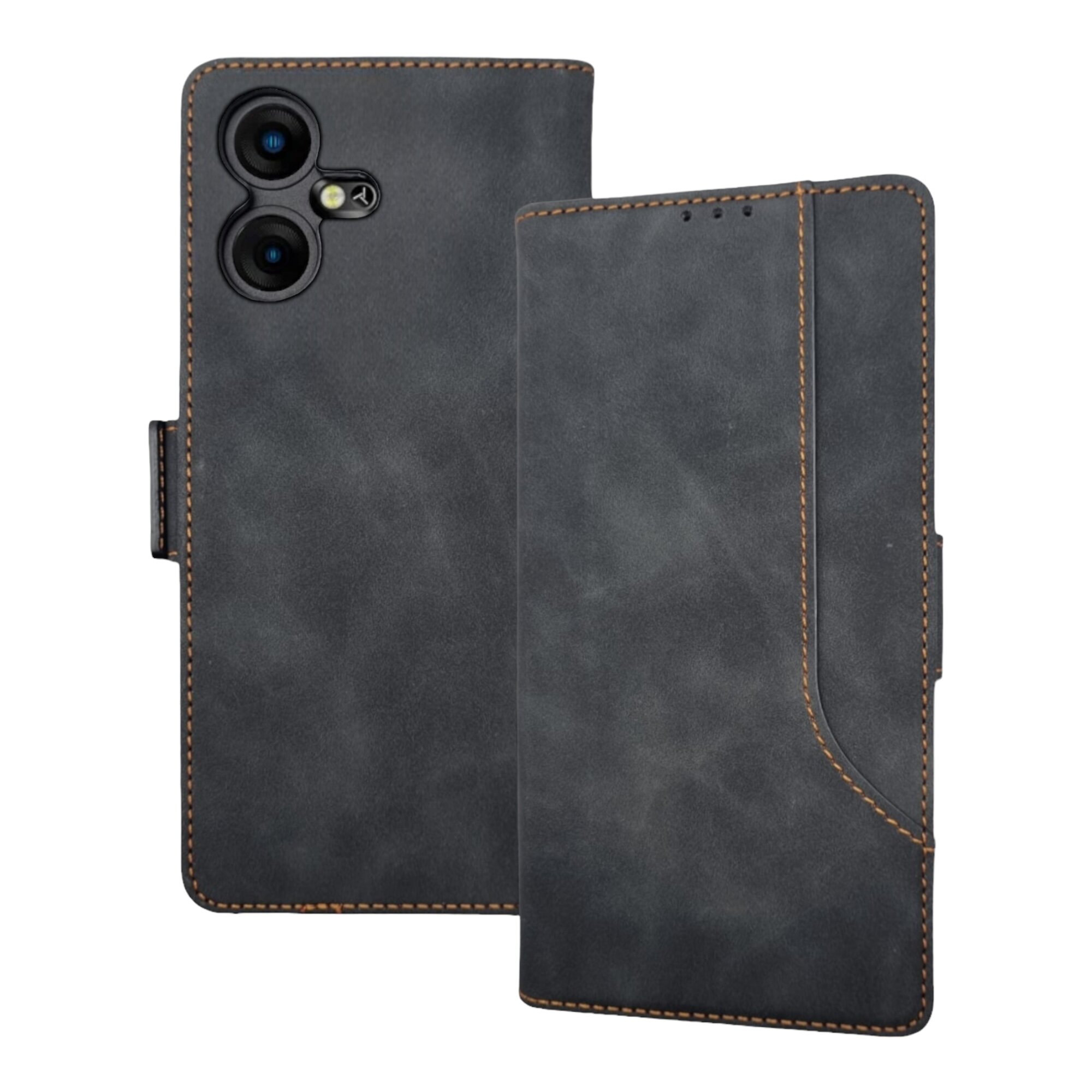 Чехол книжка с карманом кошельком для вашего смартфона Tecno Pova Neo 3 (LH6n) (6.82"), черный. Матовая текстура под кожу, дополнительный карман на крышке чехла, отделения для карт и купюр — фото 1