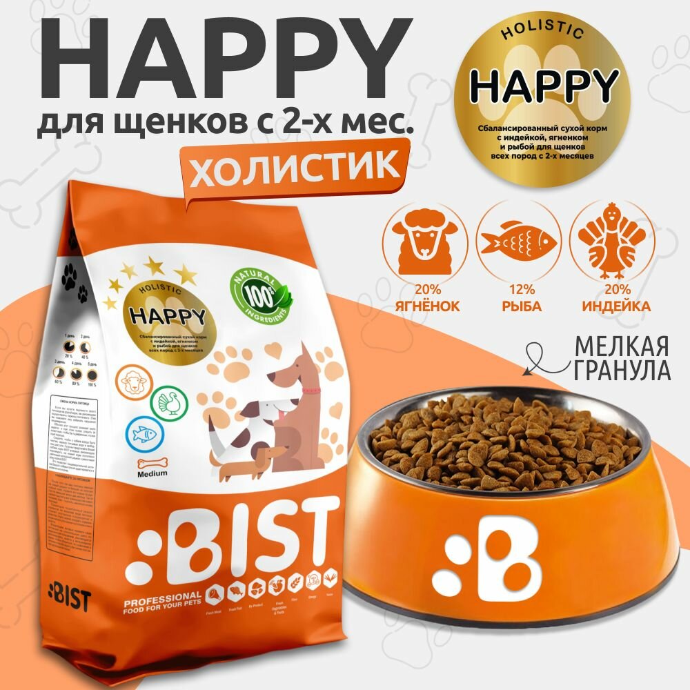фото Корм для собак сухой, для щенков , холистик " BIST HAPPY " с индейкой, ягненком и рыбой, 5 кг