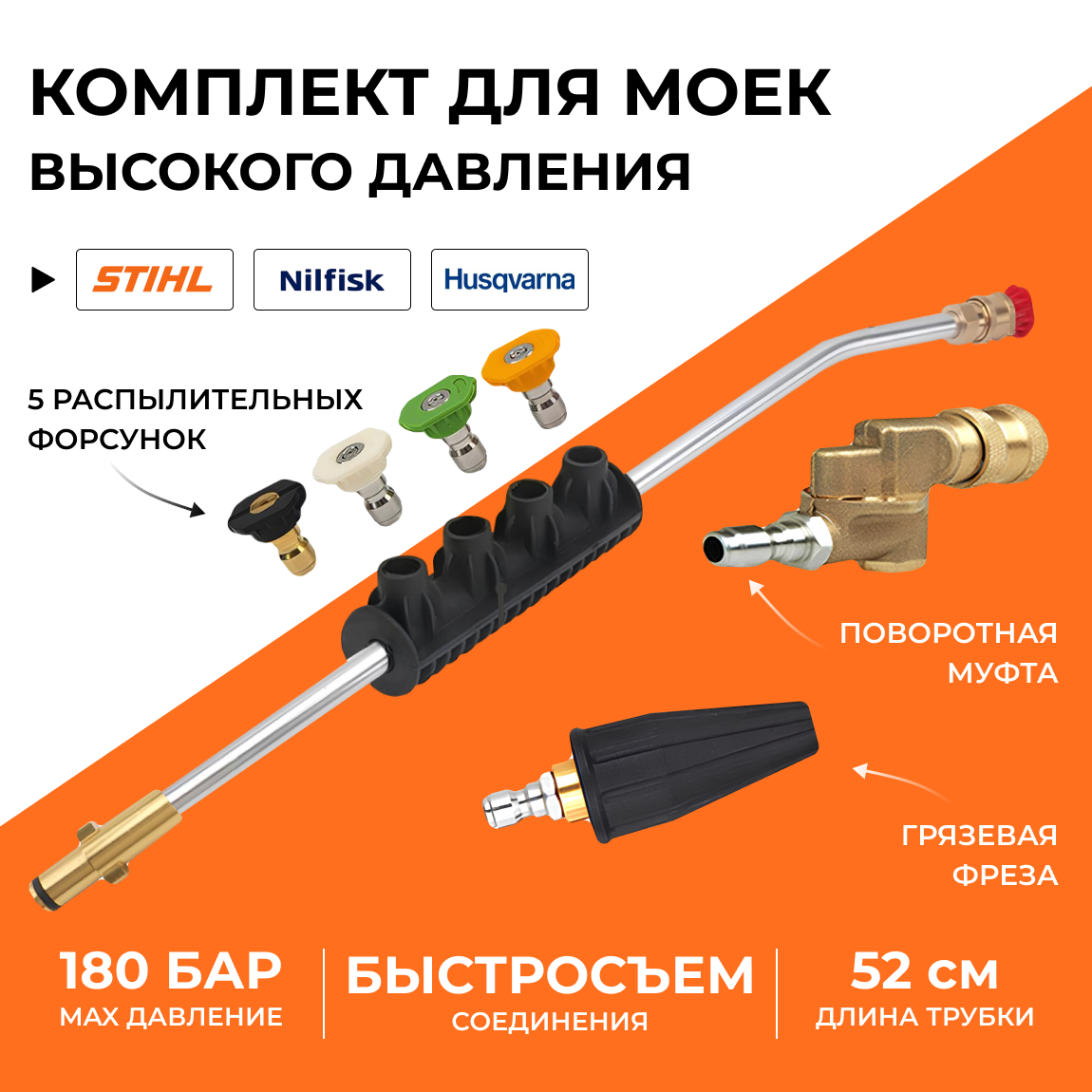 Угловая насадка копье для мойки высокого давления Stihl (Штиль), Husqvarna, Nilfisk, струйная трубка с грязевой фрезой