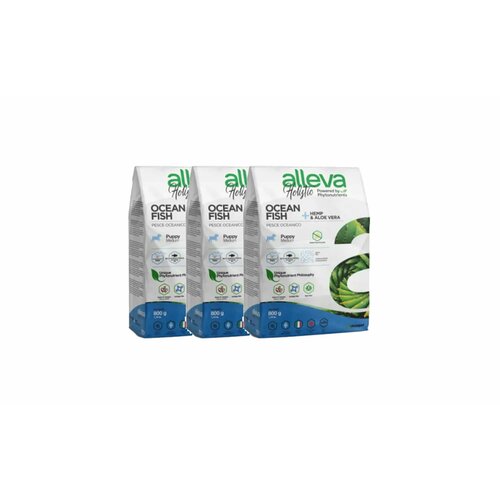 Alleva Holistic Puppy/Junior Ocean Fish Medium сухой корм для щенков средних пород с океанической рыбой, коноплей и алое вера 800 г х 3 шт.