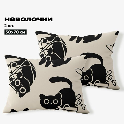 Crazy Getup Наволочки, Поплин, 50х70 / Комплект наволочек Catbox, 16913-1, 2 шт черный, бежевый