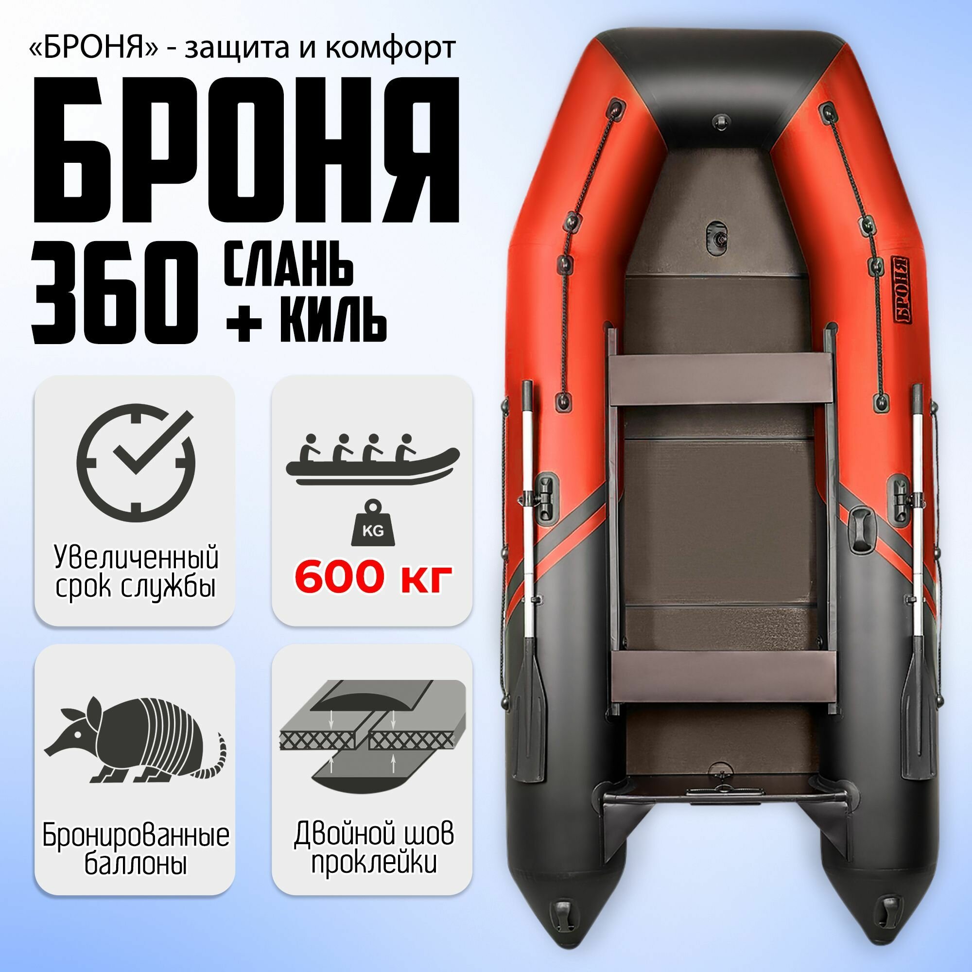 Лодка пвх под мотор Броня 360 СК SPORT Красный/Черный