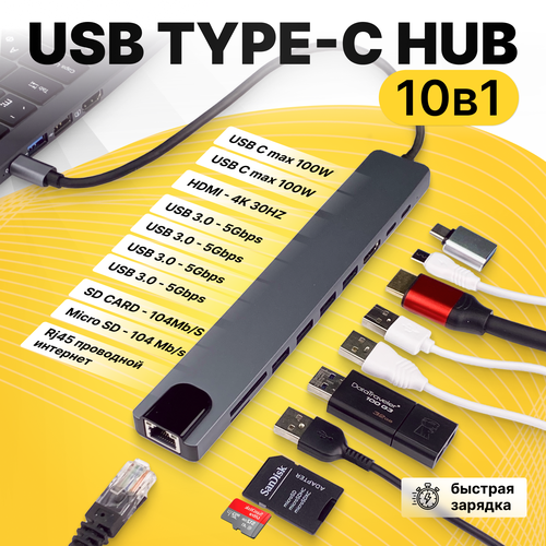 Переходник - разветвитель USB HUB 10 в 1 Type-C HDMI SD Card TF Card LAN серебристый 168200₽
