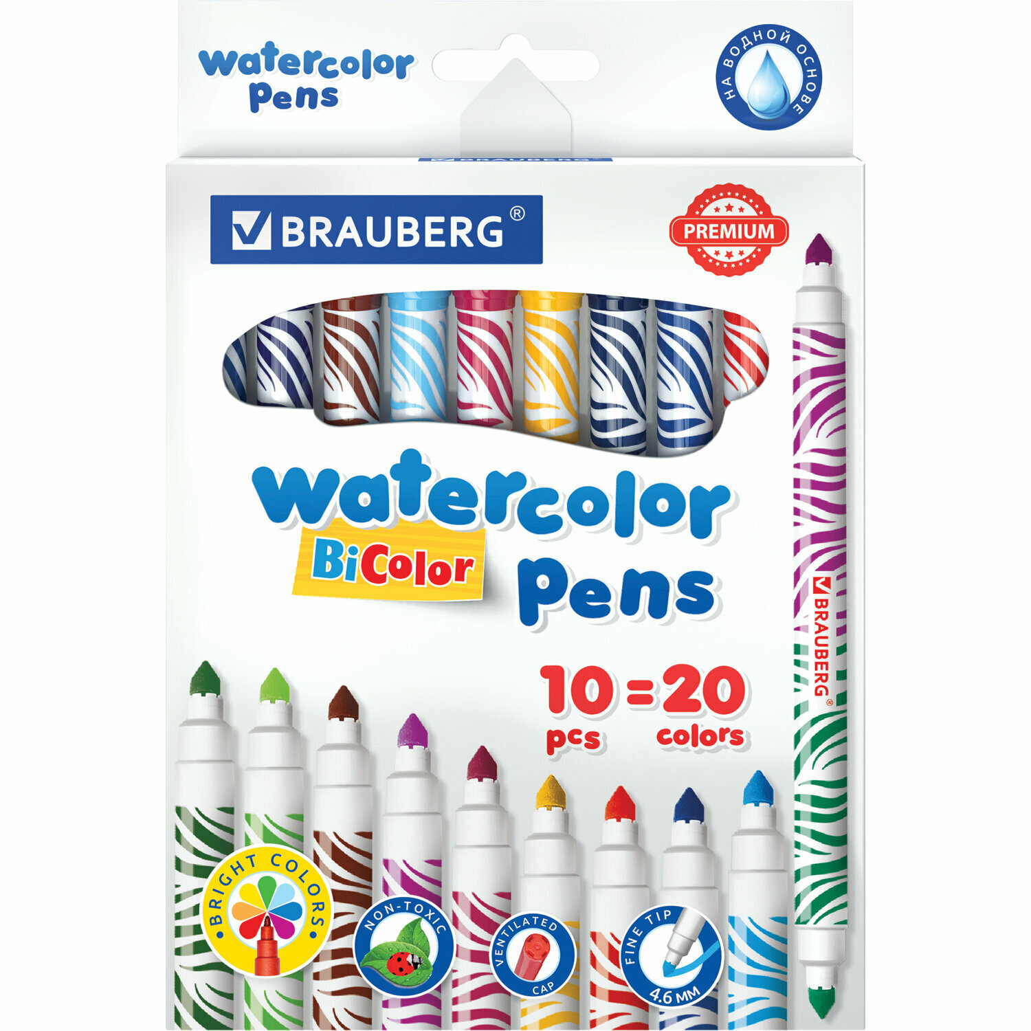 Фломастеры двусторонние Brauberg утолщенные, Premium, bi-color, 10 шт, 20 цветов (151945)
