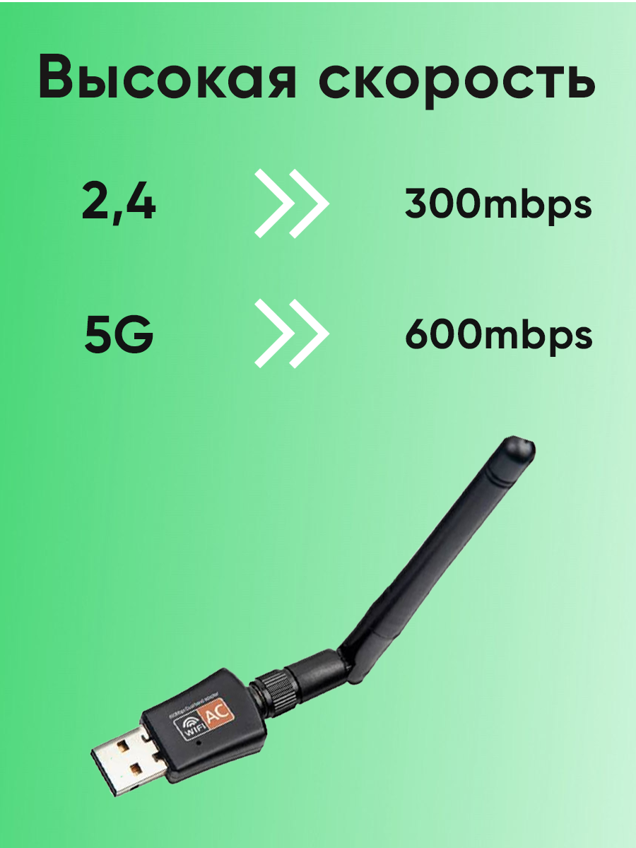 WiFi Адаптер для компьютера USB 2,4 Ггц, 5 Ггц до 600 Мбит/с (433 + 150 Мбит/с) RTL8811 для ПК, 802.11b/g/n со встроенной антенной / Вайфай адаптер для ПК /Беспроводной WiFi приемник для компьютера — фото 1