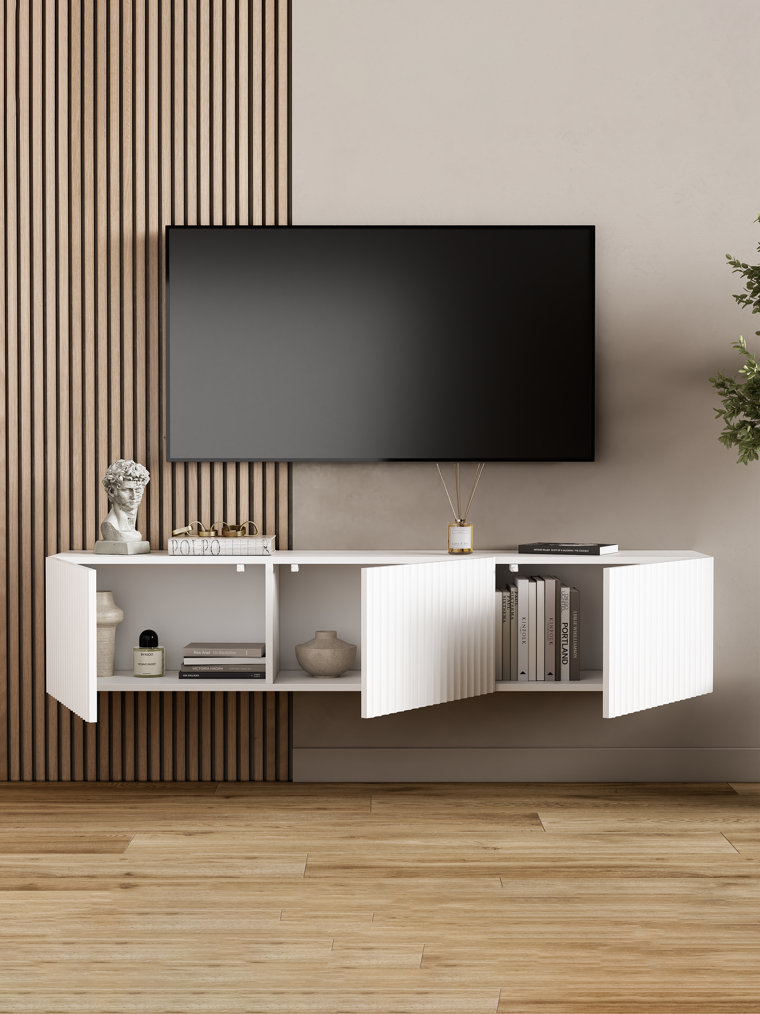 Подвесная тумба под телевизор A-A Mebel Глэйсер, 3 ящика, цвет белый, 148 x 30 x 29 см — фото 1