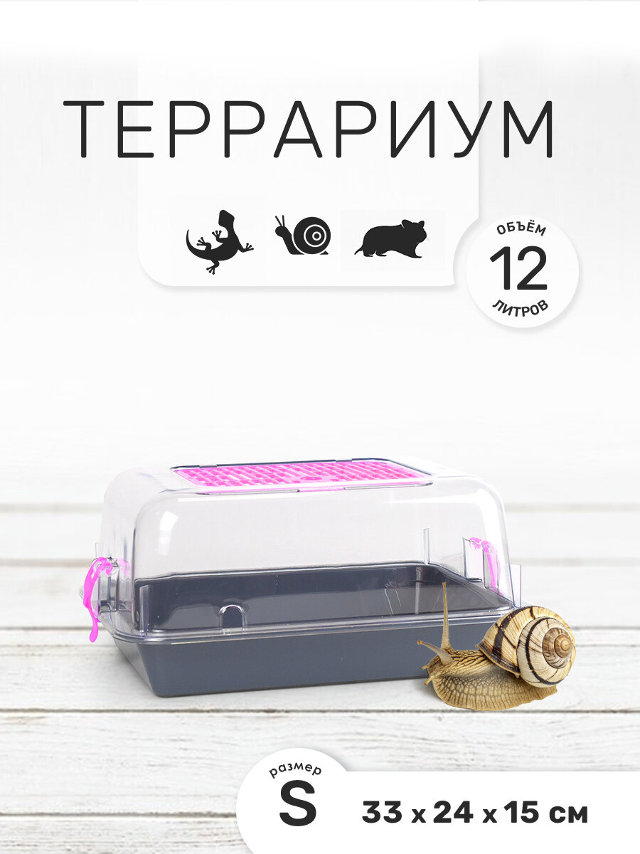Террариум-клетка ZOOSET ДЮНА для улиток, черепах и мелких грызунов, 33х24х15 см, серый/сиреневый (прозрачная крышка)