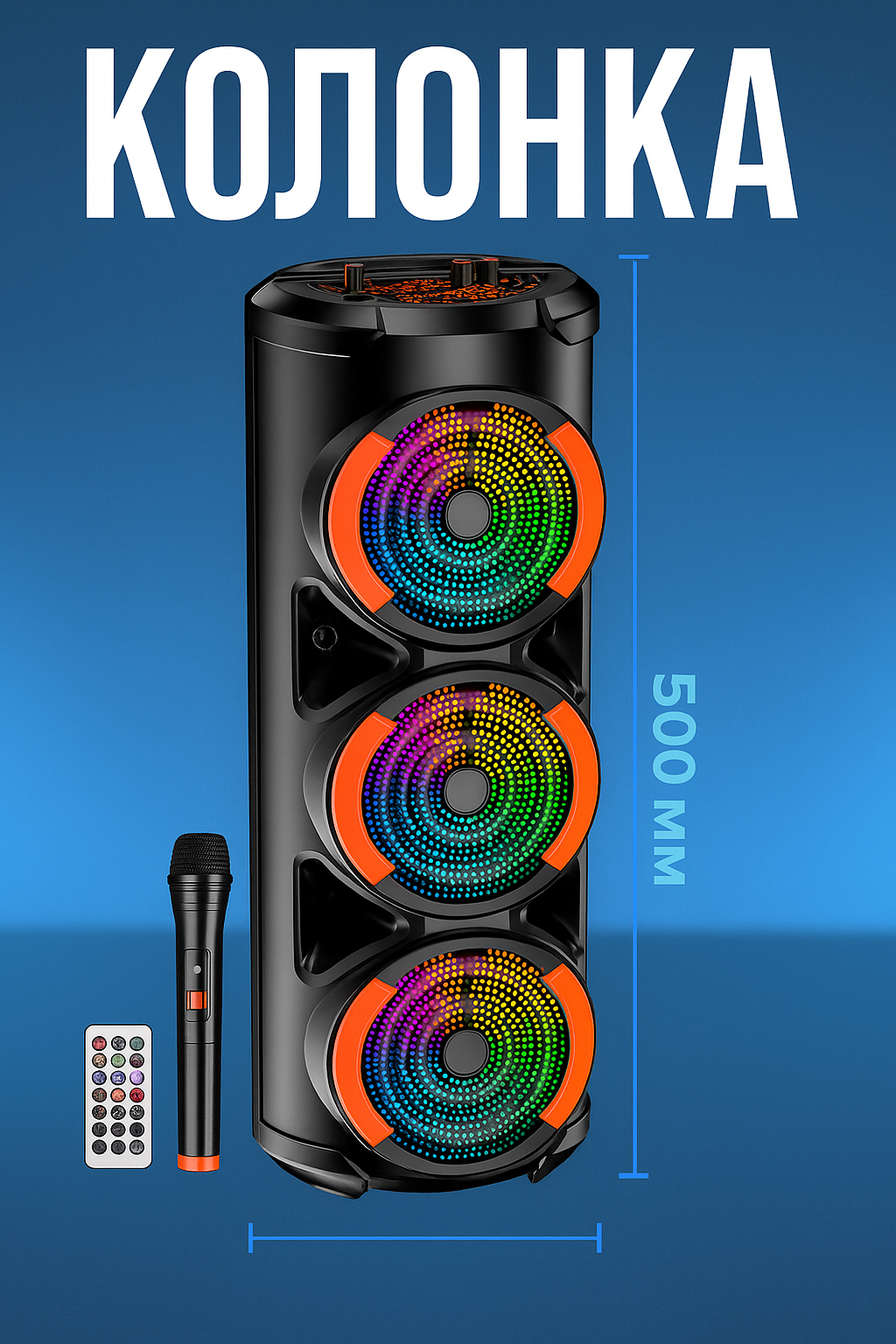 Беспроводная колонка KAKUSIGA KK-6301 – 30 Вт, мощный бас, с микрофоном и пультом, LED-подсветка