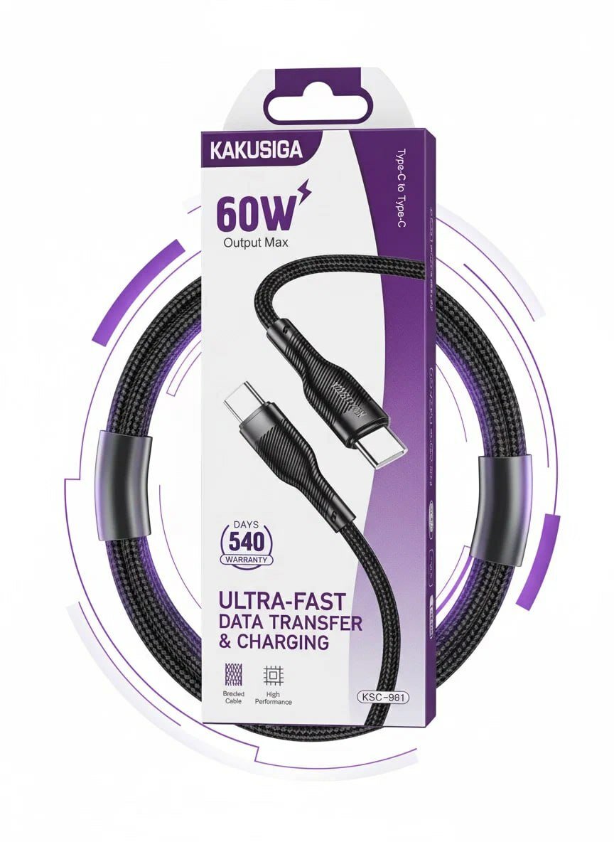 Кабель KAKUSIGA, для быстрой зарядки Type-C - Type-C, 60Вт, 1м, черный
